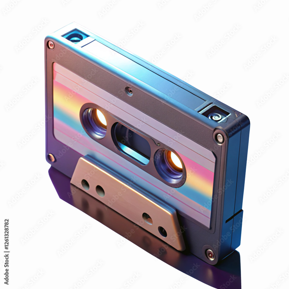 Obraz premium Retro Audio Cassette Tape with Metallic Rainbow Reflection and Vintage Design Isolated on Black Background