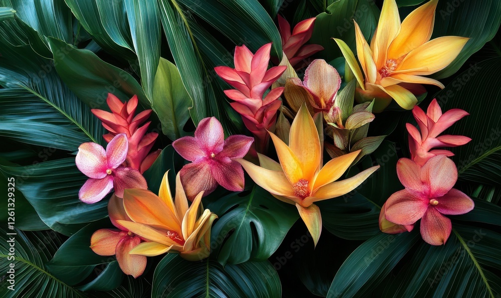 An energetic arrangement of tropical flowers with dense green leaves. An energetic arrangement of tropical flowers with dense green leaves.