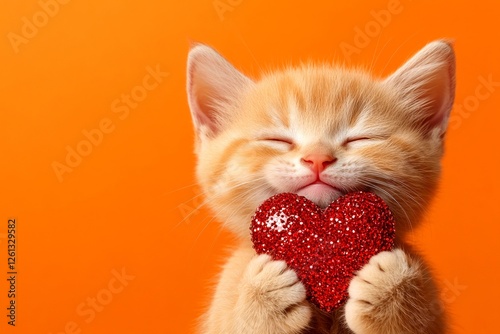 Cute singapura young cat with sparkling rhinestones red heart - sign of love, funny greeting card. Singapura - my preferred cat. Ad creative. Heart-shaped valentine. February 14th love.