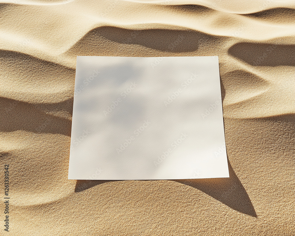 Fototapeta premium A blank white sheet of paper placed on a sandy surface with soft shadows, symbolizing space for creativity, design, and text, ideal for mockups and advertising.