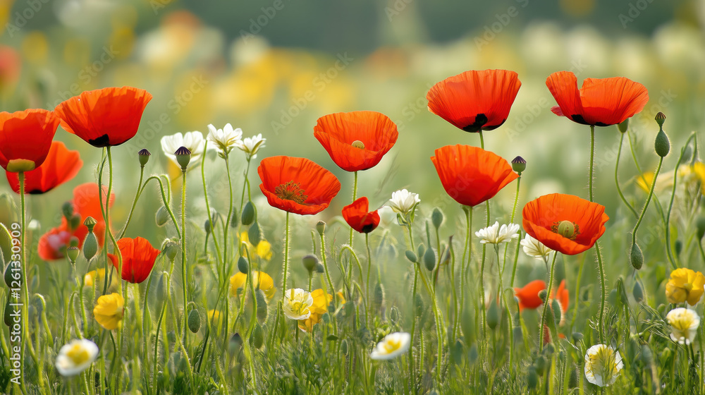 Obraz premium Poppy Flowers Blooming in a Vast Field, Showcasing Nature's Beauty and Colorful Landscape