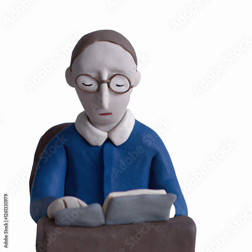 Clay Figurine of Person Reading Book Wearing Glasses and Blue Sweater on Transparent Background photo