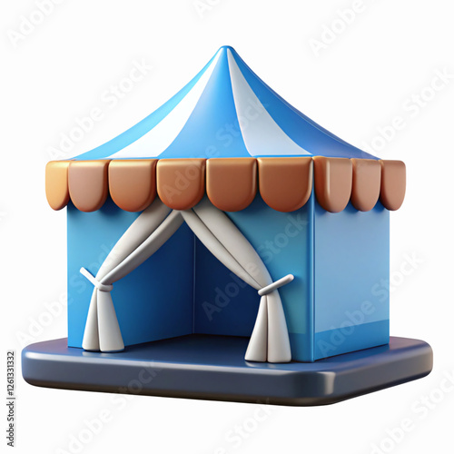 Blue and White Tent Icon with Brown Trim and Curtains on a Transparent Background for Event Design Concepts