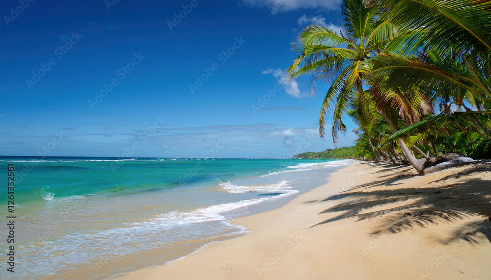 A beautiful tropical beach with golden sand, turquoise water, and tall palm trees under a clear blue sky. A beautiful tropical beach with golden sand, turquoise water, and tall palm trees under a clear blue sky.