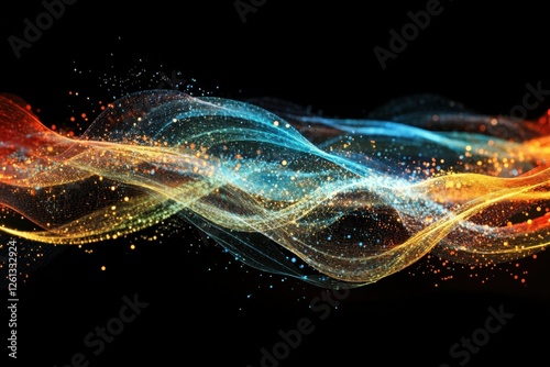 Colorful particles flowing and forming abstract waves on black background