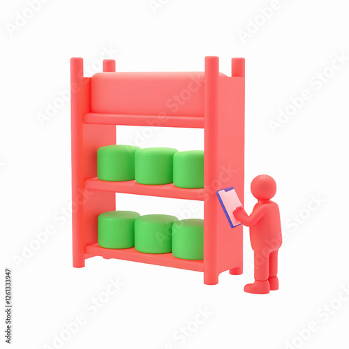 Red Shelf With Green Storage Items and Person Holding Clipboard on Transparent Background for Inventory Management photo