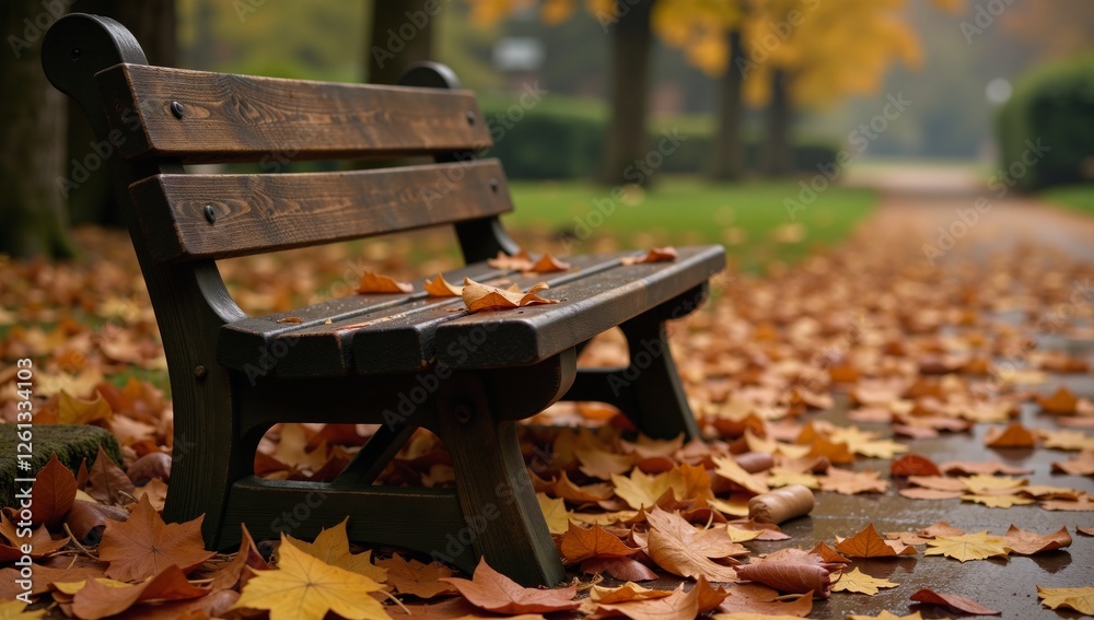 Autumn scene showcases a rainy cozy bench with wet metal details Rainy Coziness Autumn scene showcases a rainy cozy bench with wet metal details Rainy Coziness