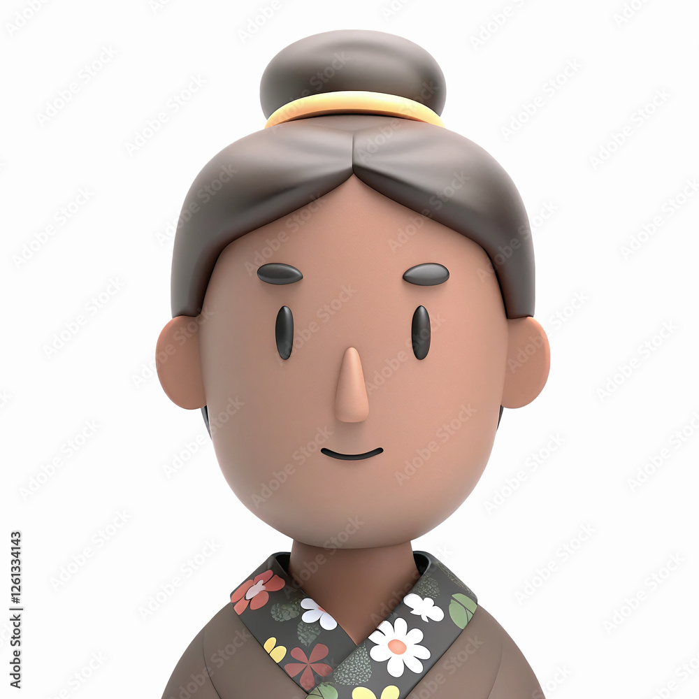 Naklejka premium 3D Cartoon Female Character with Bun Hairstyle in Floral Traditional Outfit and Neutral Expression