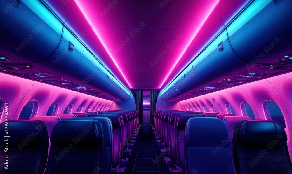 Airplane cabin glowing with soft magenta and blue lights, creating a futuristic and comfortable travel atmosphere. Airplane cabin glowing with soft magenta and blue lights, creating a futuristic and comfortable travel atmosphere.