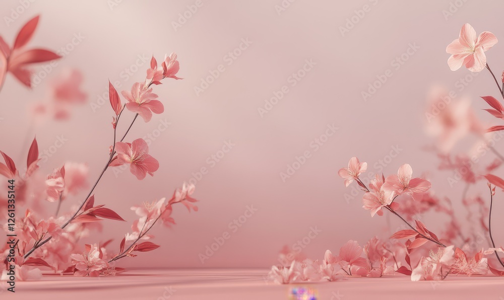 Fototapeta premium Fresh cherry blossoms blooming on thin branches, set against a pastel pink gradient, capturing fleeting beauty