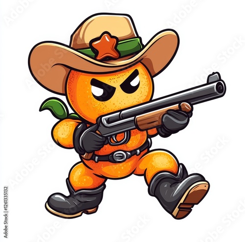 A humorous cartoon of an orange fruit donning western outfits as a cowboy, sheriff, ranger, and bandit, each armed with a rifle. This amusing citrus character in a western style promotes the idea of