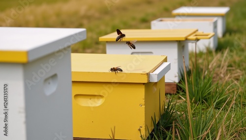 Modern APIARY whiteyellow hives with BUSY BEES - Ideal for BEEKEEPING  SUSTAINABILITY lovers photo