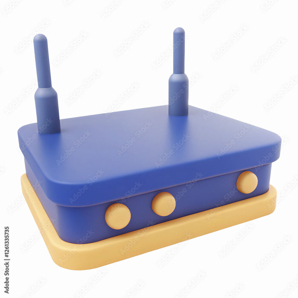 Blue Wireless Internet Router with Antennas and Yellow Base Isolated on Transparent Background Blue Wireless Internet Router with Antennas and Yellow Base Isolated on Transparent Background