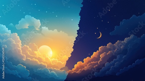 Dreamy split sky illustration transitioning from day to night with stars