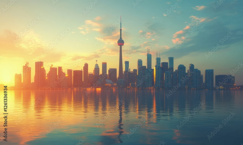 City skyline at dusk, bathed in soft golden light with glimmering reflections on the water below. City skyline at dusk, bathed in soft golden light with glimmering reflections on the water below.