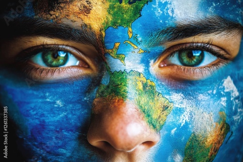 Teenager face painted with earth map showing north and south america