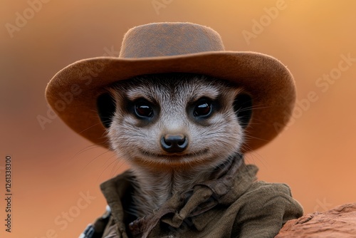 Desert Adventure: A Jovial Meerkat Sporting a Cowboy Hat on a Sandy Plain