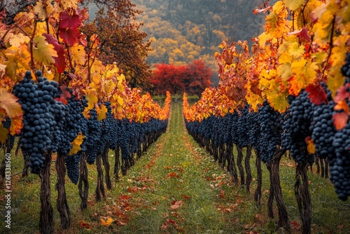 Autumn vineyard rows, grape harvest, hills, fall foliage, wine production