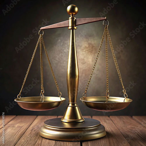 Golden Balance Scales on Wooden Surface with Dark Artistic Background Representing Justice and Equality photo