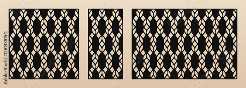 Laser cut pattern set. Vector template with abstract geometric ornament, grid, mesh, lattice, ropes. Decorative stencil for laser cutting of wood, metal, plywood, paper. Aspect ratio 1:1, 1:2, 3:2