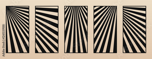 Vector set of trendy laser cut panels. Stencil collection with abstract geometric pattern, diagonal lines, stripes. Decorative template for laser, CNC cutting of wood, metal, plywood. Aspect ratio 1:2