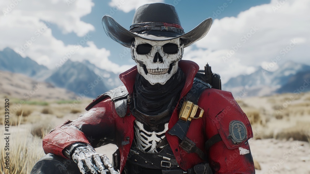 Fototapeta premium A red plaid-shirted and cowboy-hatted skeleton is seen relaxing on the desert ground, beneath a vast blue sky with straggling clouds, presenting a humorous scene.