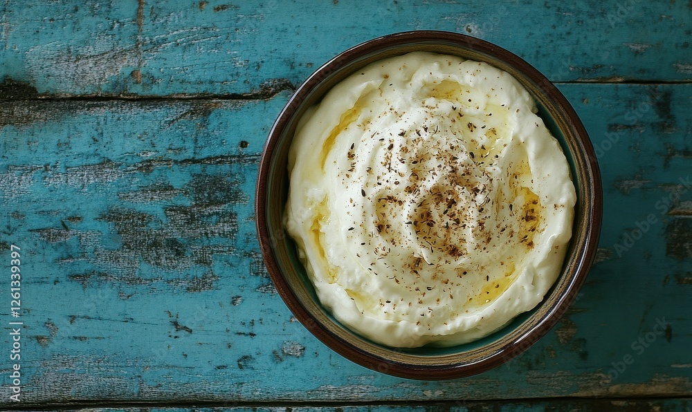 Greek yogurt served in a bowl, displayed on a blue wooden table from above. Greek yogurt served in a bowl, displayed on a blue wooden table from above.