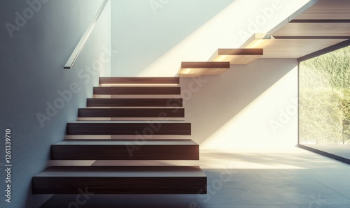 Minimalist interior staircase with sleek wooden steps and metal handrails, lit by soft natural light through a modern window.
