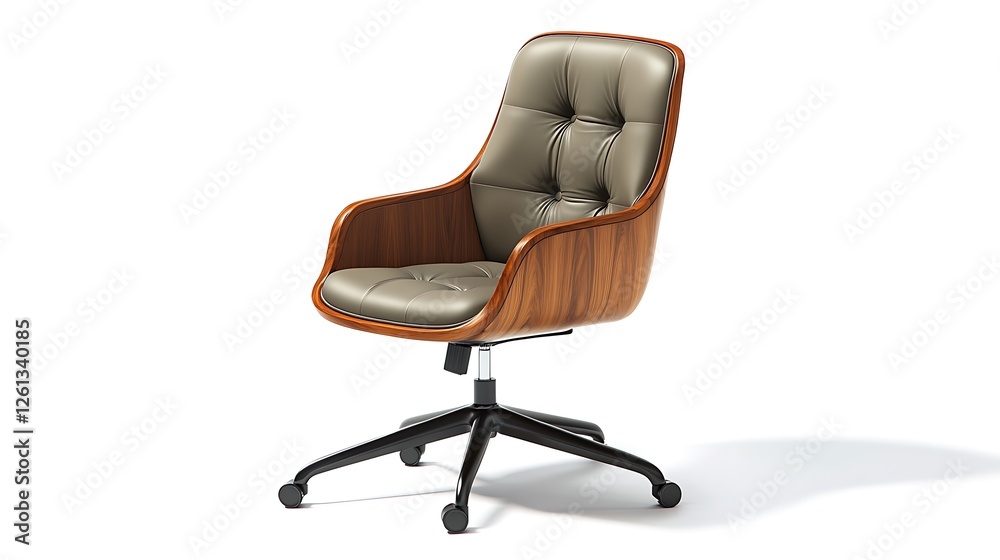 Modern office chair featuring leather and wood design, showcased against a crisp white background. Modern office chair featuring leather and wood design, showcased against a crisp white background.