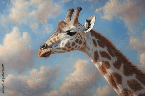Giraffe in the Sky: A Majestic Portrait of African Wildlife against a Serene Cloudy Sky photo