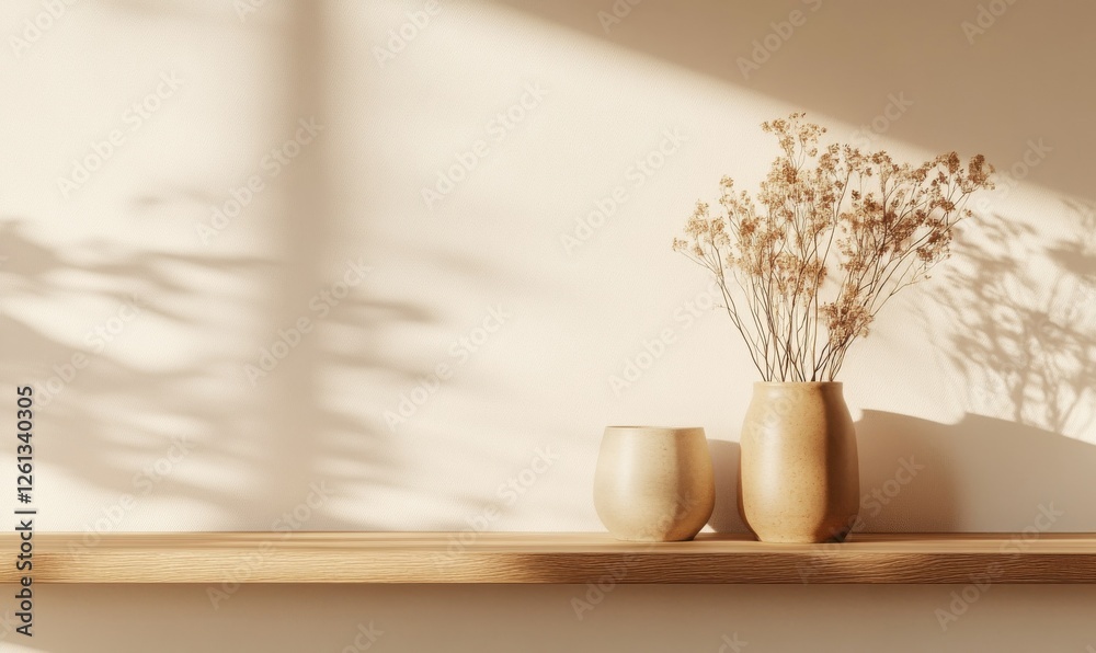 Minimalistic wooden shelf with ceramic pots and dried flowers, bathed in warm light for a simple and timeless decor theme. Minimalistic wooden shelf with ceramic pots and dried flowers, bathed in warm light for a simple and timeless decor theme.