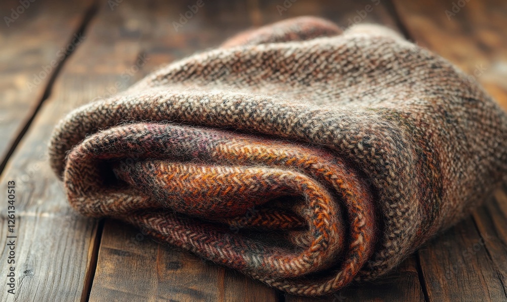 Fototapeta premium Handmade wool scarf folded neatly on a rustic wooden surface, with warm natural lighting highlighting its intricate texture.