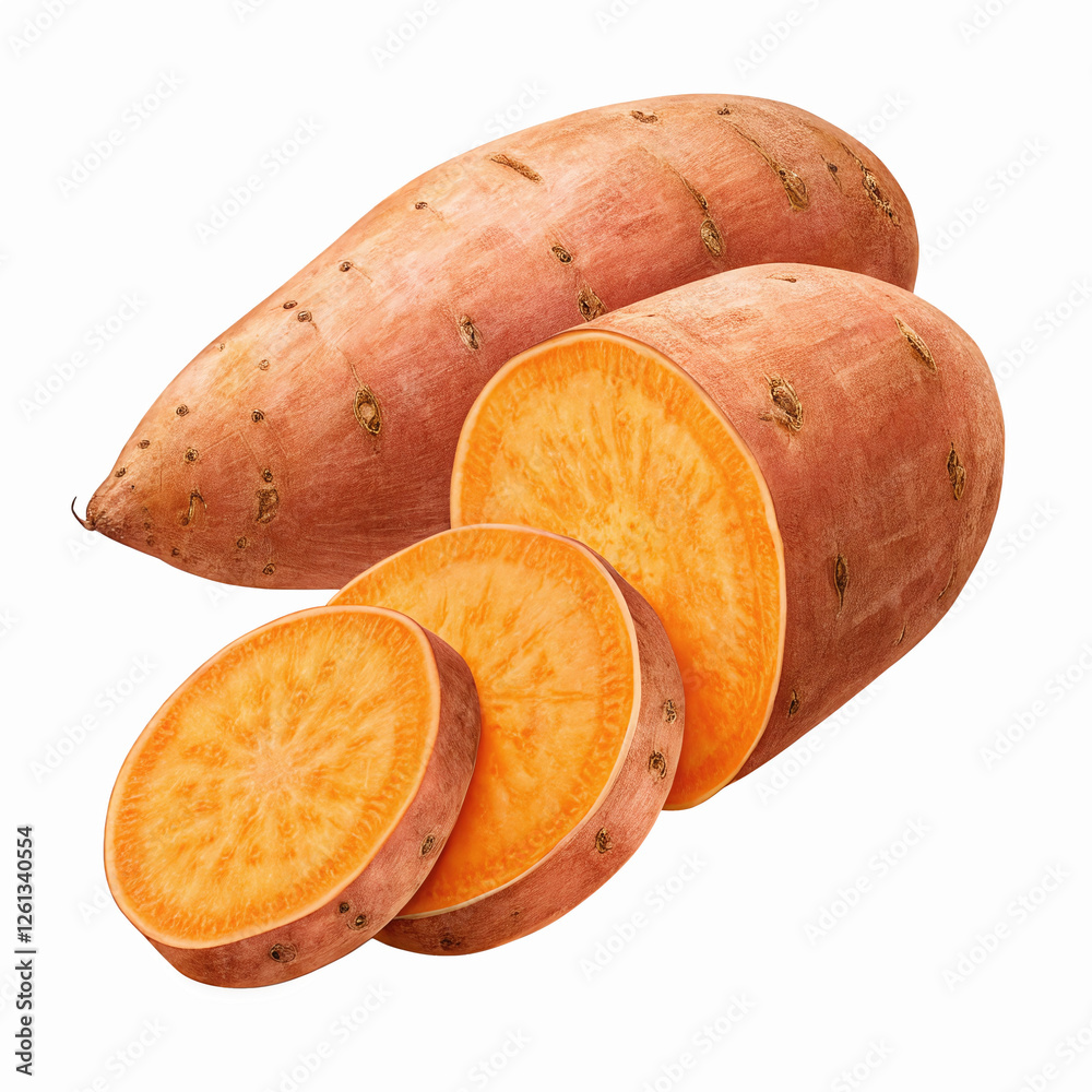 Fresh Whole and Sliced Sweet Potatoes with Vibrant Orange Flesh on Transparent Background Fresh Whole and Sliced Sweet Potatoes with Vibrant Orange Flesh on Transparent Background