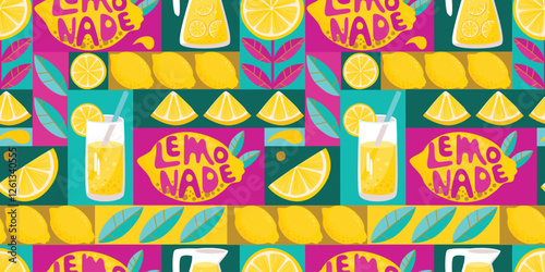 Lemonade seamless pattern with geometric shapes. Mosaic background with lemon fruits, leaves, glass with drink, hand written. Modern print on fabric and paper. Vector design for textile, wallpaper.