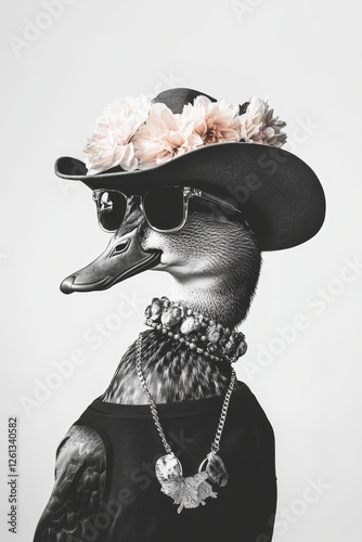 A zippy duck dressed up in sunglasses, a cowboy hat, and jewelry is portrayed in a black and white image that infuses humor and style.