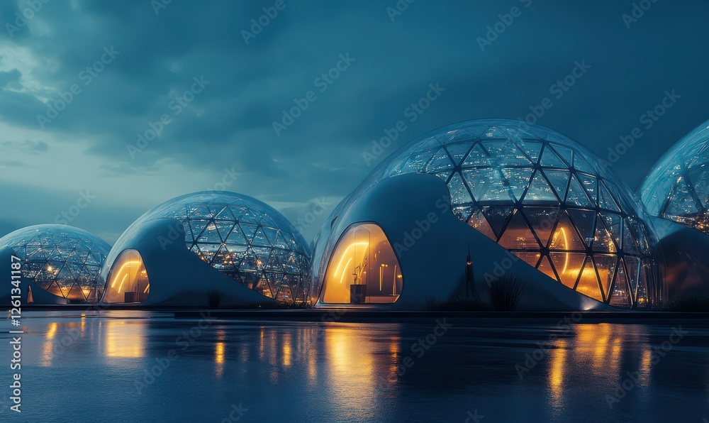 Fototapeta premium Transparent futuristic domes glowing softly, symbolizing ecological harmony and advanced sustainable living.