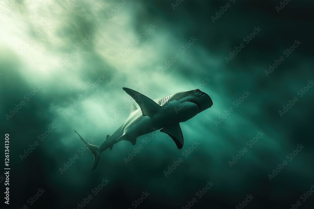 Obraz premium Majestic Shark Underwater: A Dark and Mysterious Ocean Predator