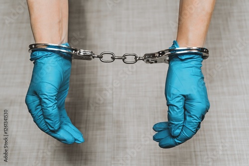 Hands in Blue Gloves Handcuffed with Metal Chain