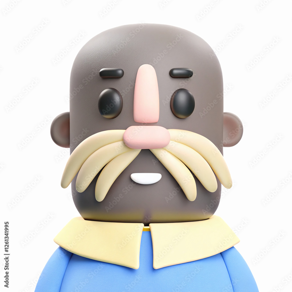 3D Cartoon Portrait of Elderly Man with Mustache in Blue Shirt and Yellow Collar on Transparent Background 3D Cartoon Portrait of Elderly Man with Mustache in Blue Shirt and Yellow Collar on Transparent Background