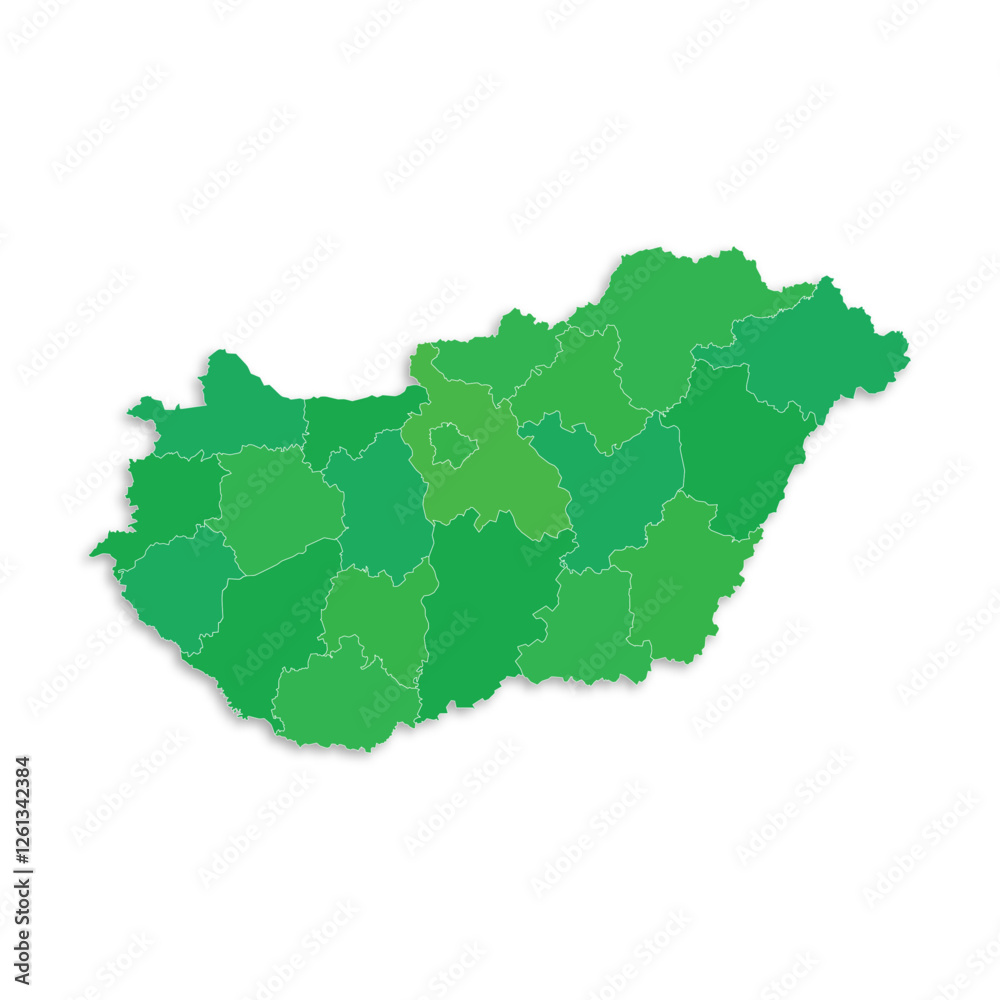 Fototapeta premium Hungary map with border highlighted regions, states, isolated on white background. Template map of Hungary. Detailed vector illustration.