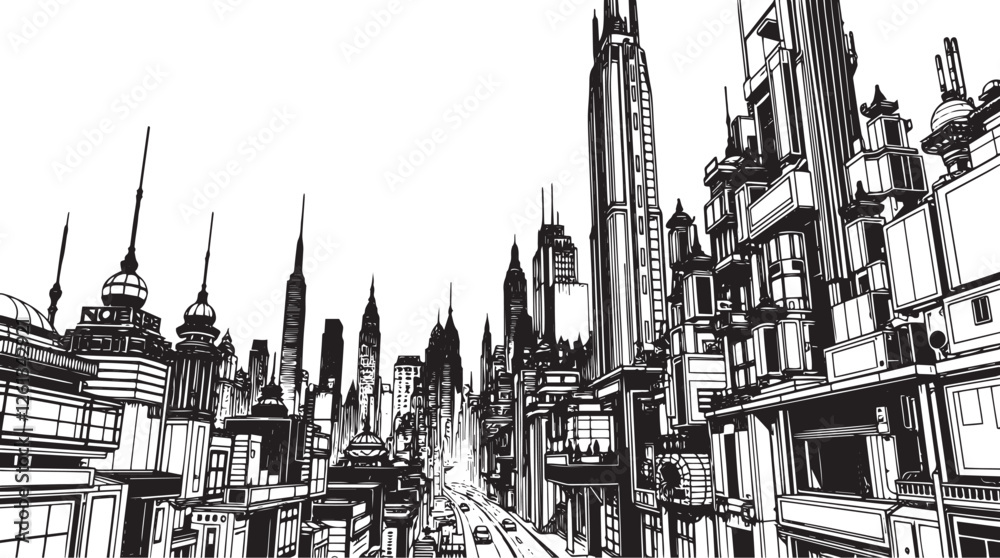 Fototapeta premium Futuristic City landscape. Different buildings on street, outline cityscape hand sketch, flat houses. Hand drawn vector illustration