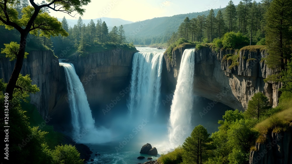 Fototapeta premium An Incredible Multi-Level Waterfall View in a National Park Surrounded by Trails and Diverse Wildlife