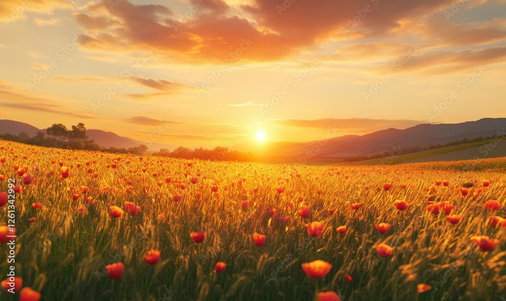 Poppy flowers swaying in a golden field under a vibrant orange sunset, creating a dramatic yet serene rural scene. Poppy flowers swaying in a golden field under a vibrant orange sunset, creating a dramatic yet serene rural scene.