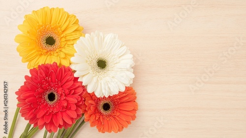 Colorful gerbera daisies on light wooden surface