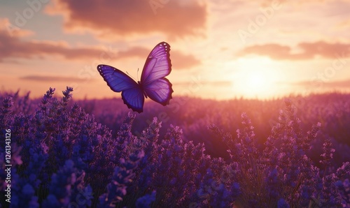 Purple butterfly floating over a dreamy lavender field during golden hour, radiating calm and serene energy.