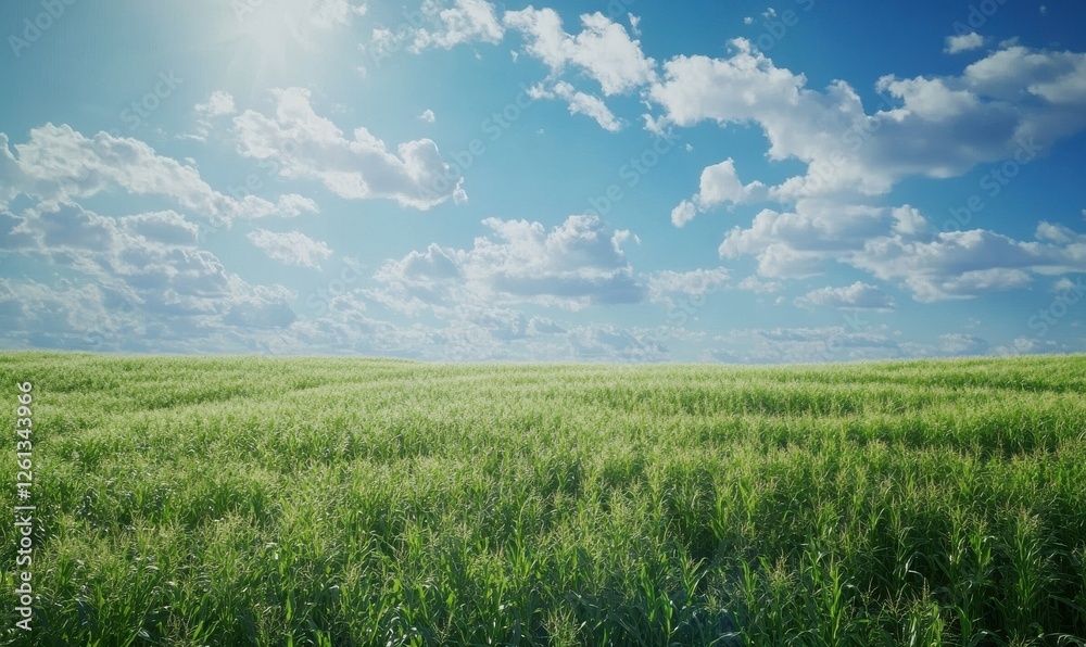 Fototapeta premium Lush green cornfield stretching to the horizon under a vibrant summer sky, with soft clouds dotting the blue expanse, symbolizing abundance.