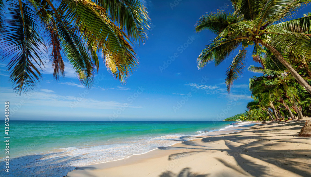 A beautiful tropical beach with golden sand, turquoise water, and tall palm trees under a clear blue sky. A beautiful tropical beach with golden sand, turquoise water, and tall palm trees under a clear blue sky.