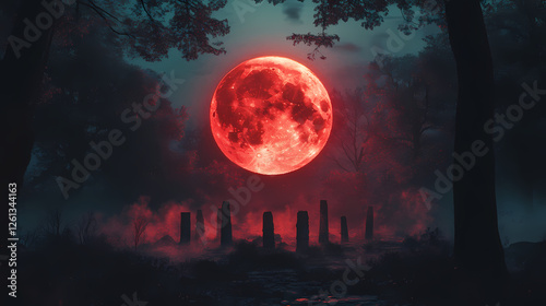 Sinister blood moon ritual in the forest - mysterious occult gathering with copy space, selective focus, ultra hd. Blood Moon Rituals. Illustration