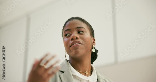 Presentation, speaker and black woman training in office with advice, proposal or smile with feedback. Business, coaching and person speaking with confidence for teaching entrepreneurship or strategy