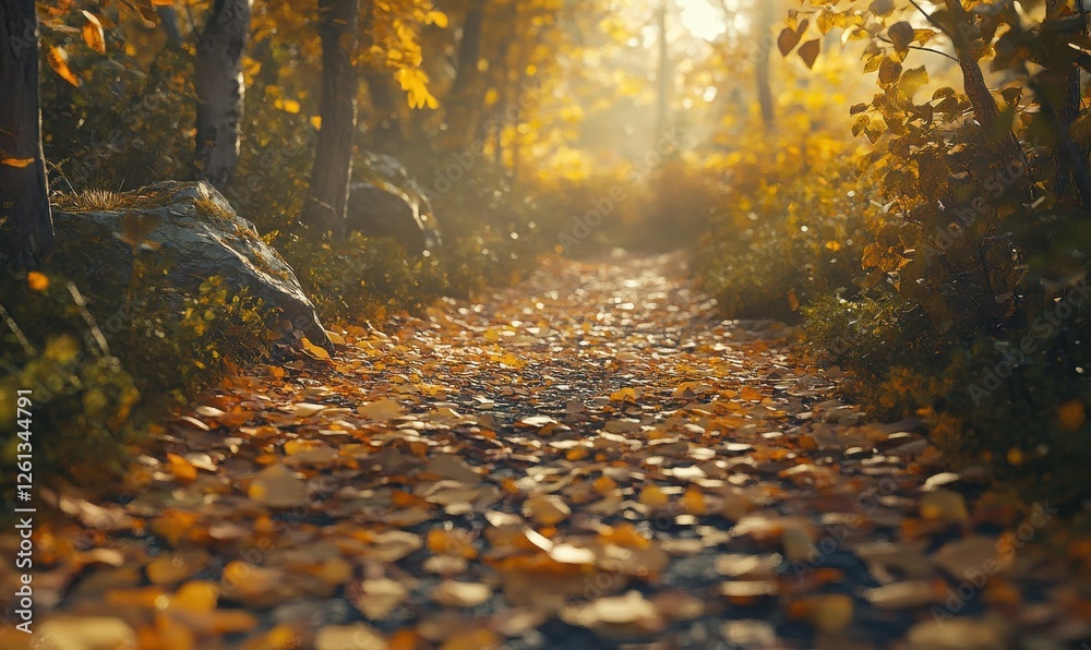 Obraz premium Scenic hiking trail through a vibrant autumn forest with golden leaves, soft sunlight, and a peaceful atmosphere.